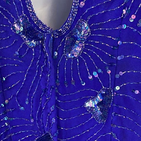 Stenay Womens Evening Silk Dress | 8 | Sequin Beaded Fringe | Royal Blue - Picture 5 of 16